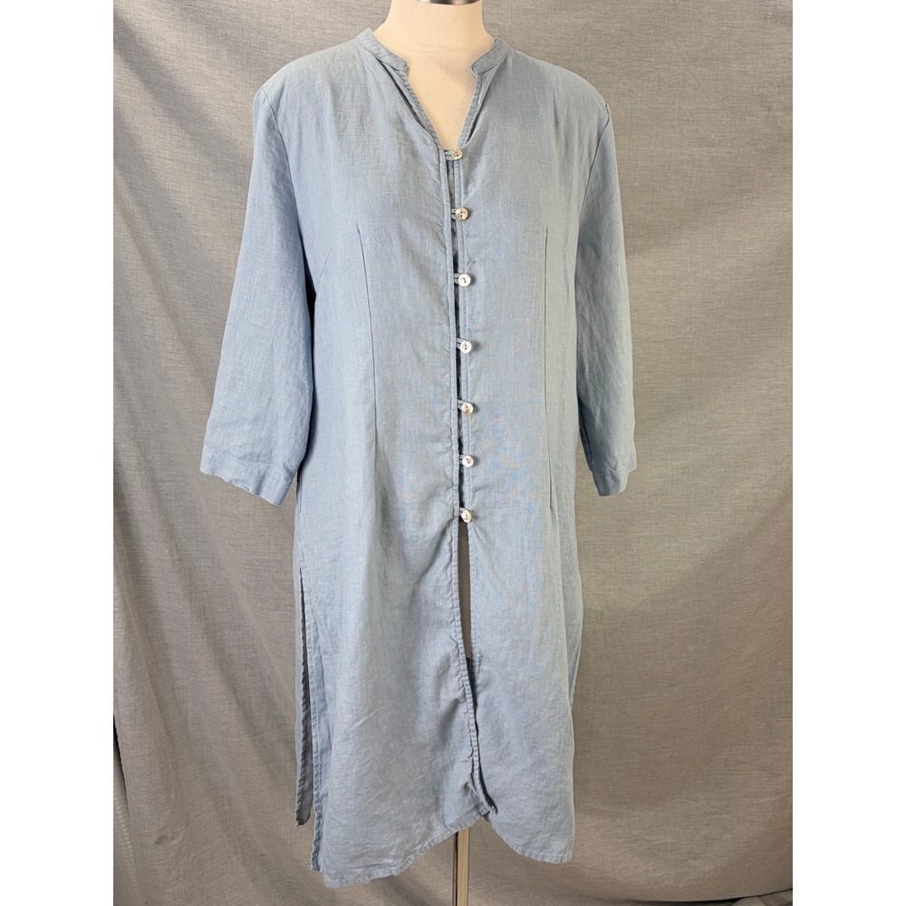Lintico Blue 100% Linen Button Front Tunic Dress Duster Cover Up L Lagenlook